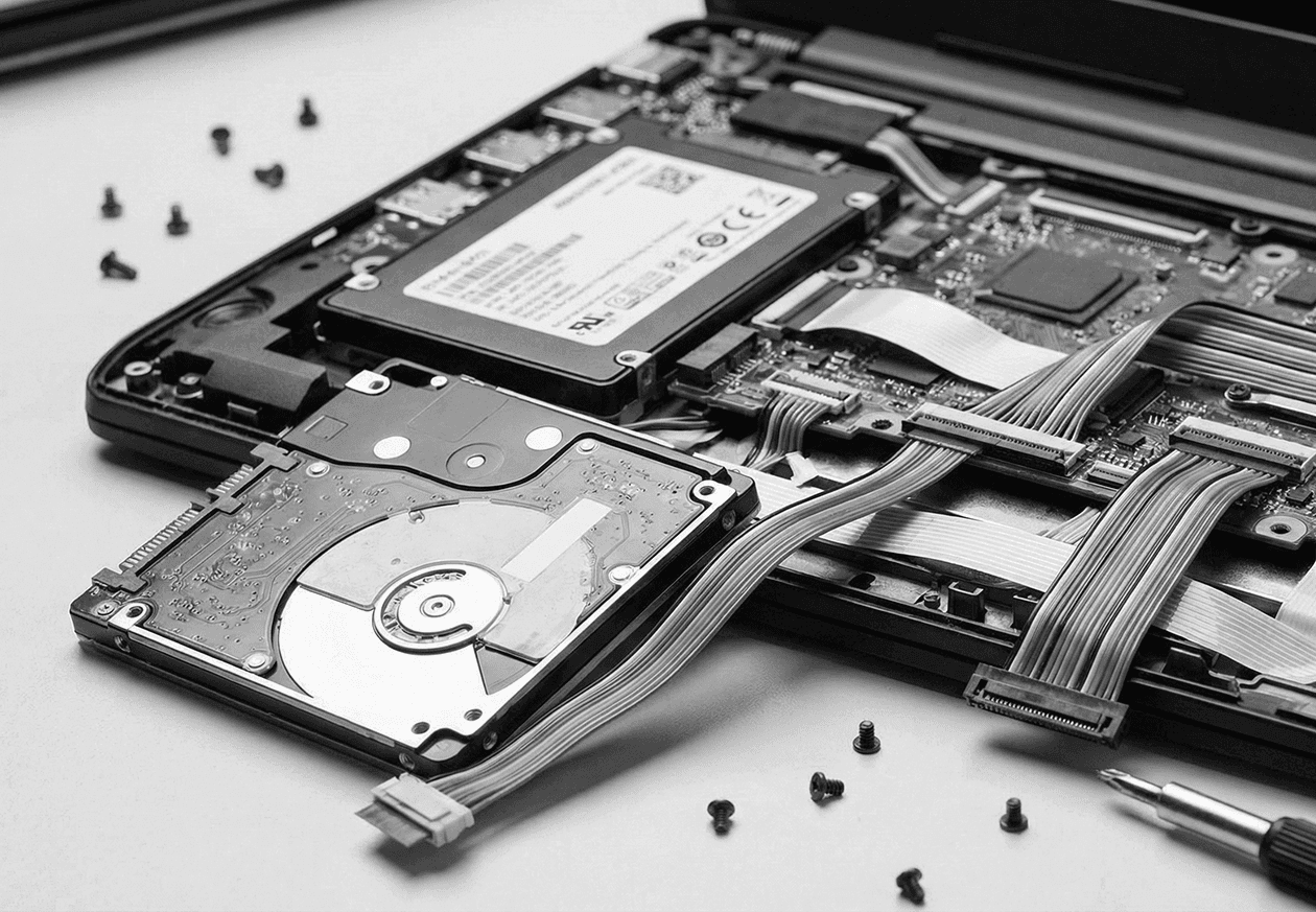 Close-up of a disassembled laptop exposing the drives and ribbon cables